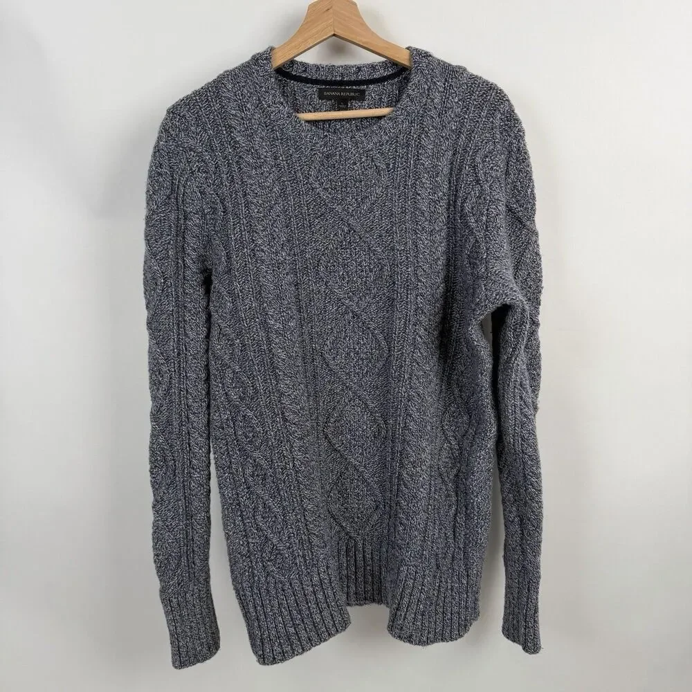 Banana Republic Fisherman Sweater Mens Large Blue Cable Knit Chunky Merino Wool